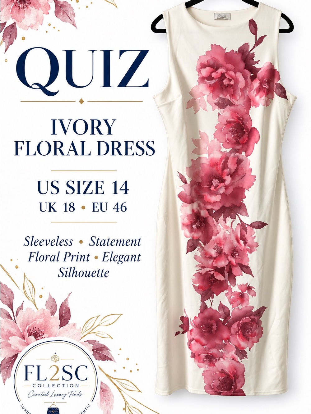 Quiz Ivory Sleeveless Midi Dress with Pink Floral Print